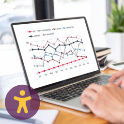 Laptop mit Linien-Diagrammen, Hände tippen auf der Tastatur, Symbol für Barrierefreiheit: ein Mänchen in einem Kreis