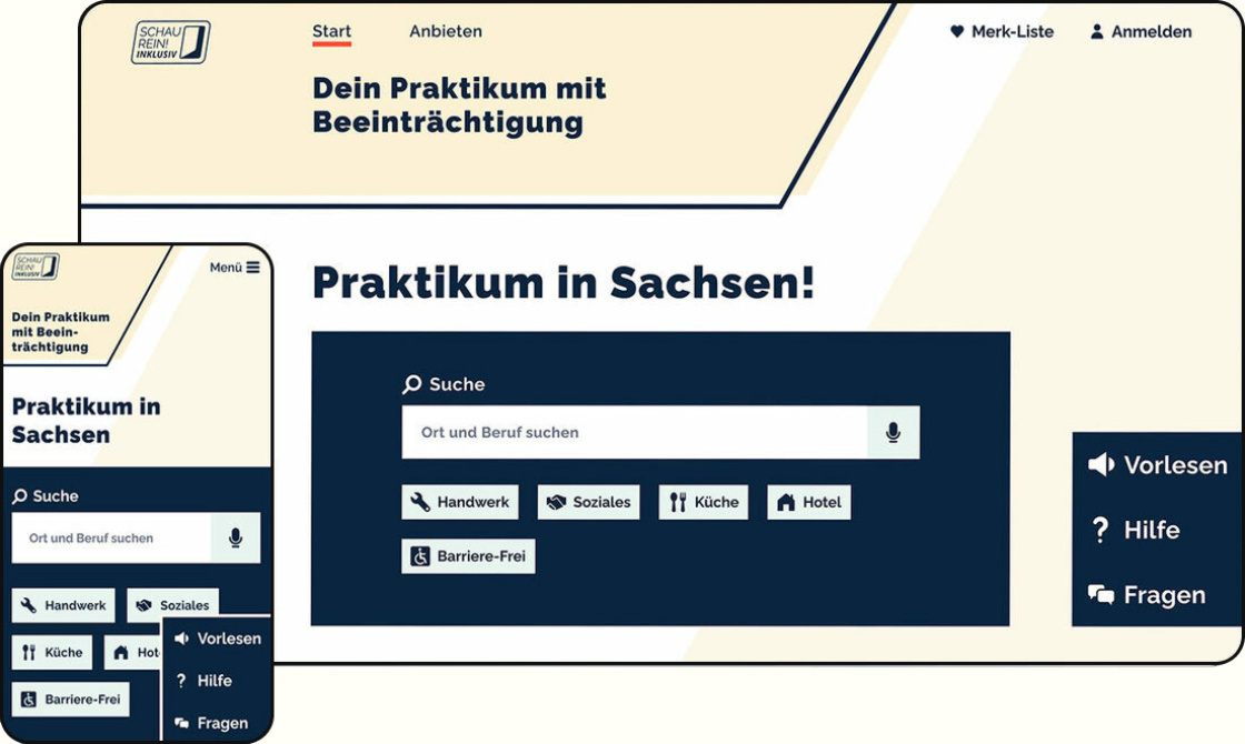 Screenshot: Webseite „Schau Rein Inklusiv“ mit Suchmaske