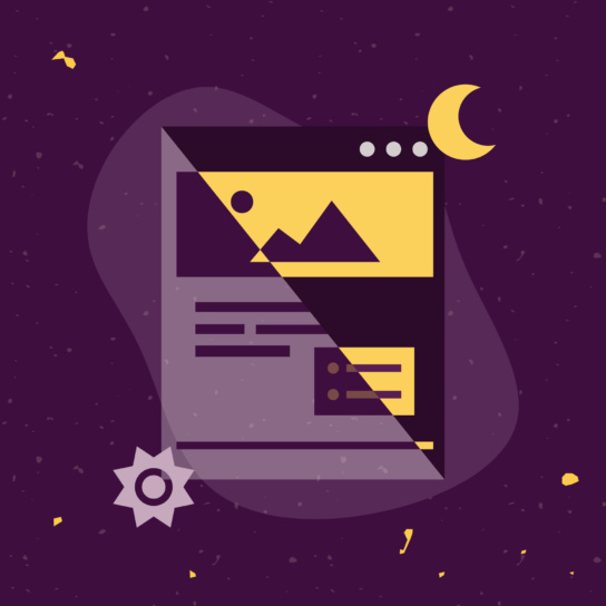 Illustration zum Thema "Ecomode". Man sieht eine stilisierte Web-Page, die diagonal in Light-Mode und Eco-Mode aufgeteilt ist.