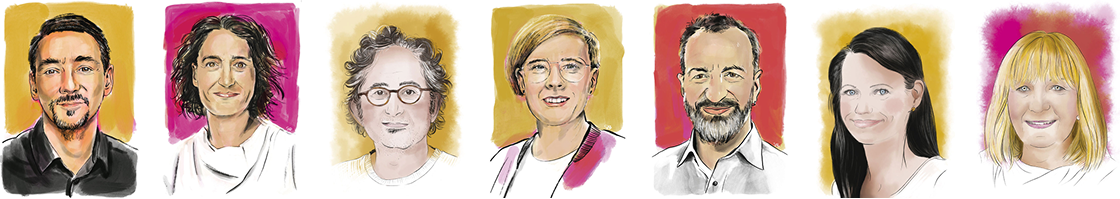 Illustrationen von 7 Sandstein Mitarbeitern