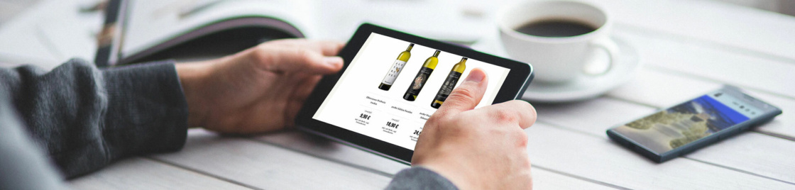 Grafik: Zwei Hände halten Tablet mit Website Schloss Wackerbarth