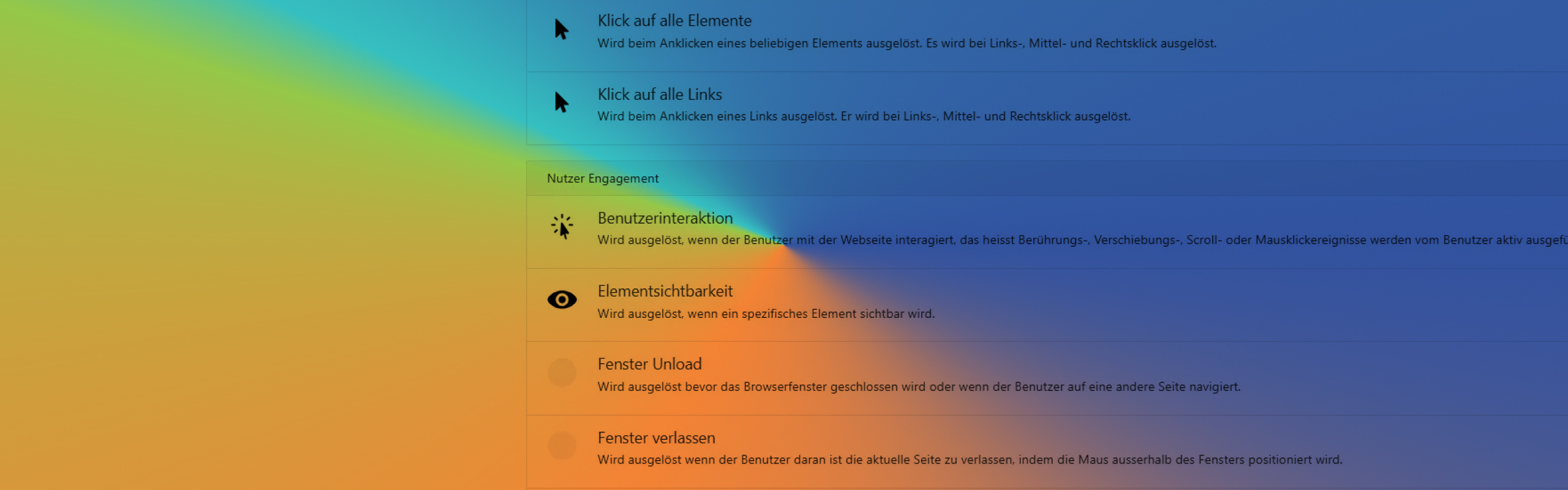 Hintergrund screenshot: Ein Teil der Liste möglicher Trigger-Arten im Interface des Matomo Tag Managers