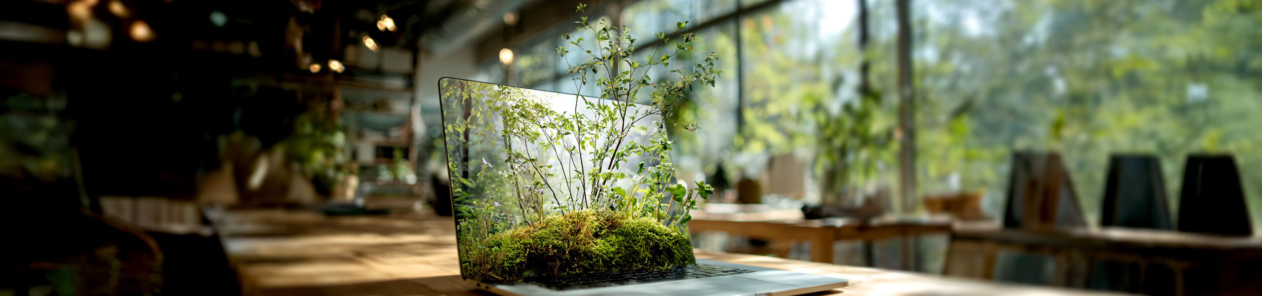 Pflanze wächst auf der Tastatur eines Laptops.