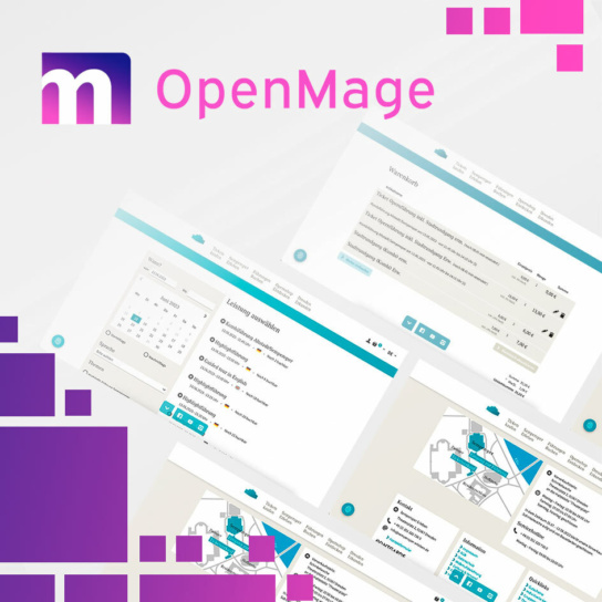 Grafik: OpenMage Logo mit Bildschirmansichten
