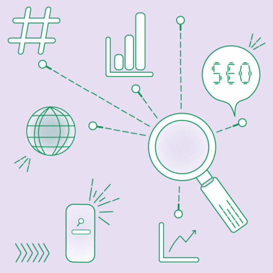 Grafik: Handy, Lupe, Hashtag