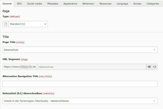 Screenshot: Sprechende URL und H1 im TYPO3-Backend