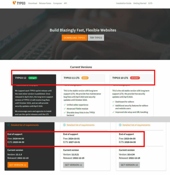 Screenshot: TYPO3-Version