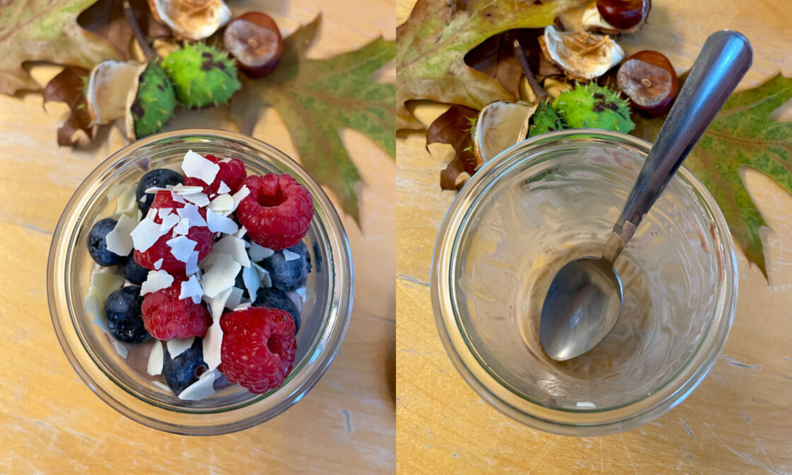 Doppelbild eines Dessert mit roten Früchten im Glas. Links: gefülltes Glas. Rechts: Leer gegessenes Glas mit Löffel.