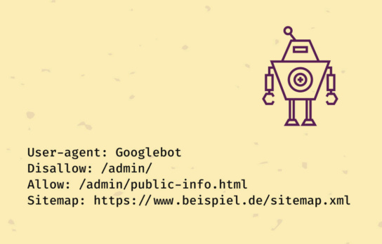 Grafik mit Textillustration: User-agent: Googlebot  
Disallow: /admin/  
Allow: /admin/public-info.html  
Sitemap: https://www.beispiel.de/sitemap.xml