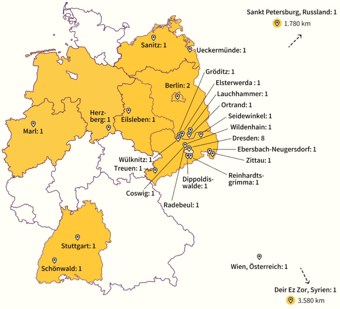 Deutschlandkarte mit Verortung der Herkunft der Mitarbeiter in In- und Ausland.