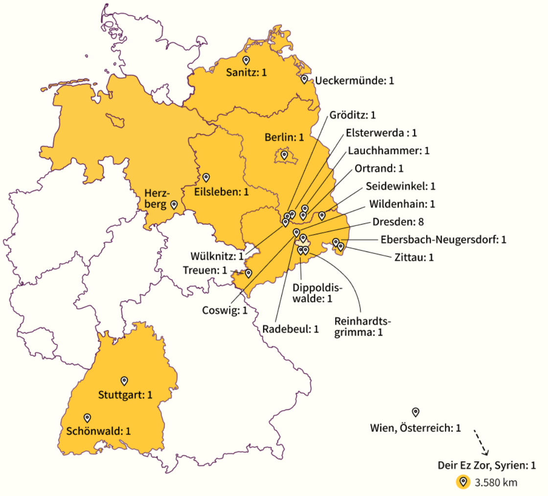 Deutschlandkarte mit Verortung der Herkunft der Mitarbeiter in In- und Ausland.
