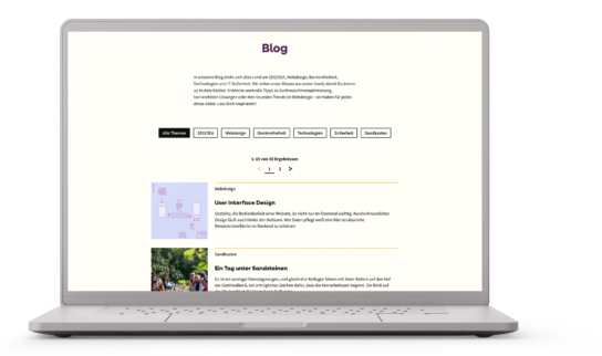 Screenshot: Blogseite der sandstein.de Website abgebildet auf einem Laptop