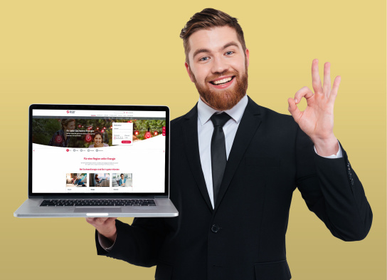 Grafik: Business Mann zeigt Laptop mit Website