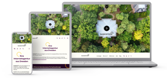 Grafik: sandstein.de Website abgebildet auf einem Smartphone, Tablet und Laptop