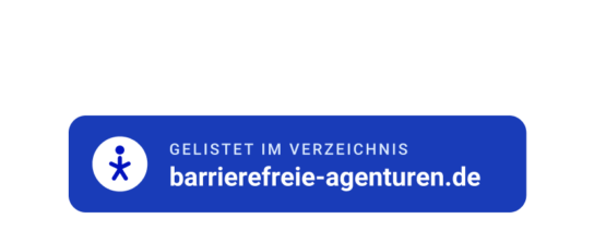 Logo von barrierefreie-agenturen.de mit Schriftzug: Gelistet im Verzeichnis barrierefreie-agenturen.de