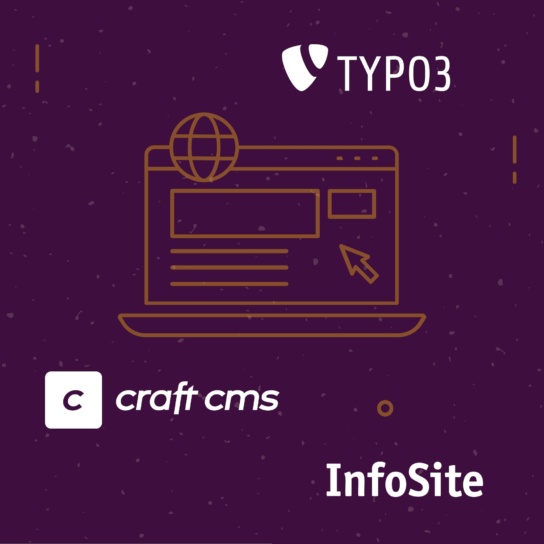 Grafik eines Laptops mit den 3 CMS-Logos: TYPO3, craft cms, InfoSite