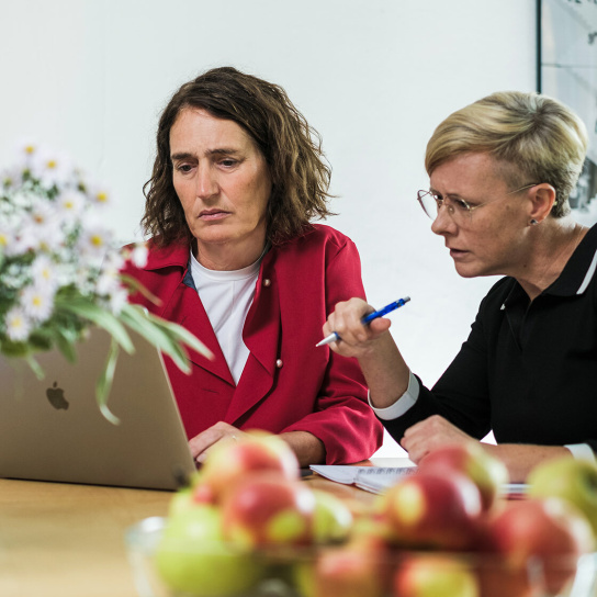 Foto: 2 Frauen schauen prüfend in einen Laptop