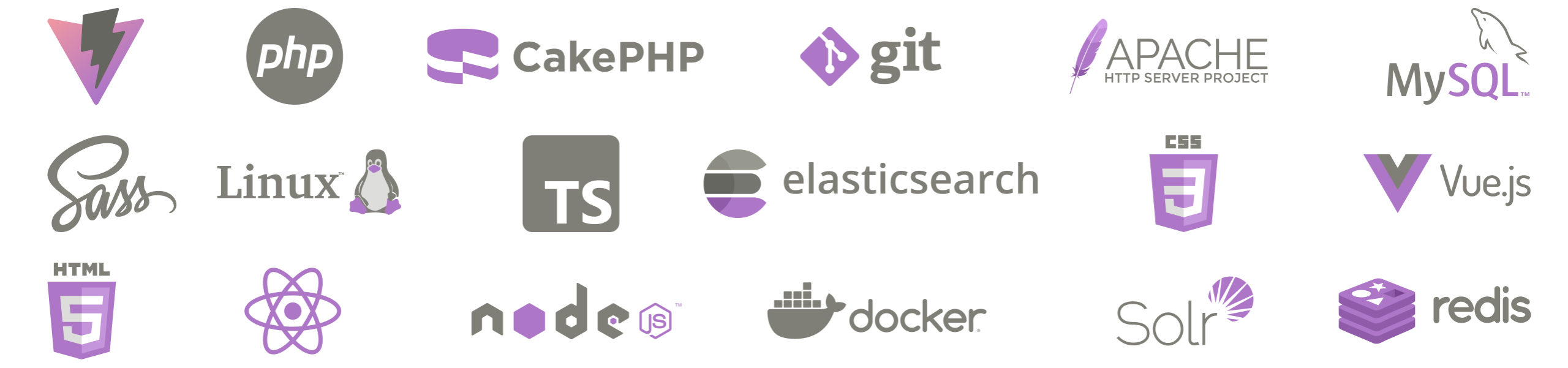 Logos von Linux, Apache, MySQL, Node.js, Typescript, Vue.js, React, PHP, CakePHP, Git, HTML5, CSS3, SASS, Vite, Solr, Redis, Elasticsearch, Docker