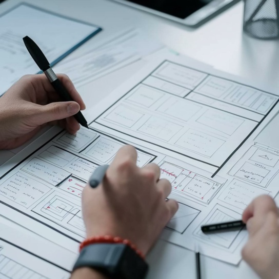 Foto: Wireframes auf Papier und Hände mit Stiften