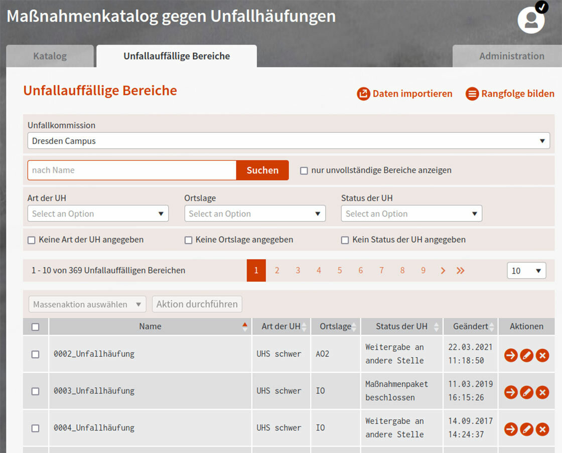 Screenshot: Backend der Website "Maßnahmenkatalog gegen Unfallhäufungen"
