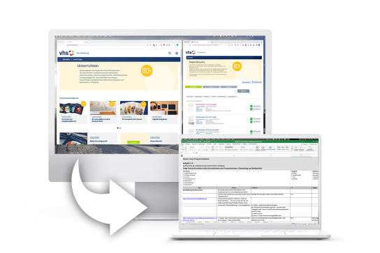 Collage: Laptop mit Screenshot aus UI-Test - Website versus Exel-Ansicht