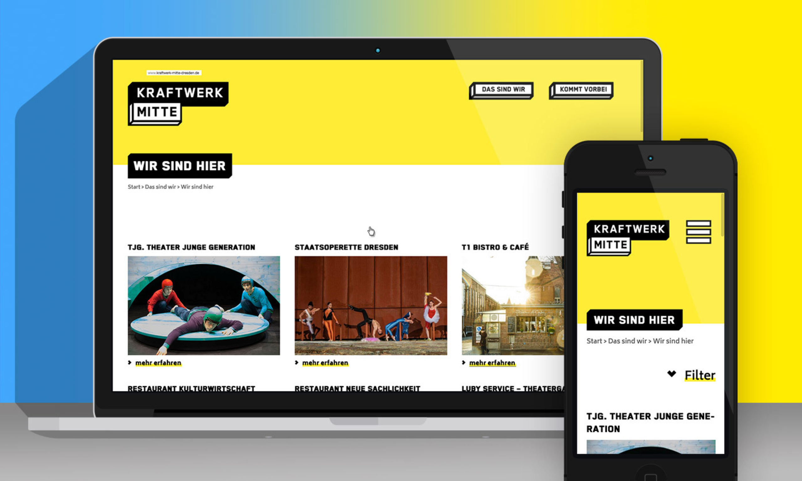 Grafik: zwei Bildschirme mit Kraftwerk Mitte Website