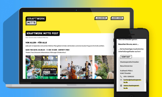 Grafik: zwei Bildschirme mit Kraftwerk Mitte Startseite