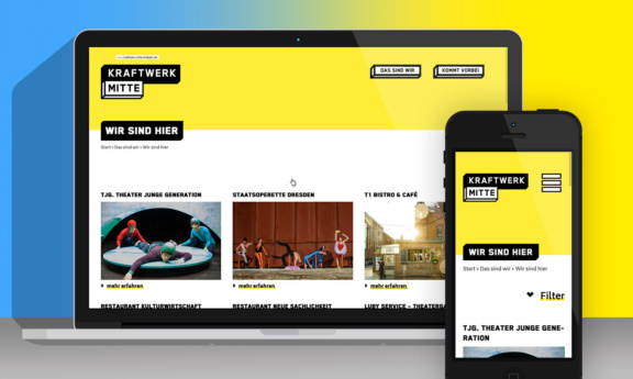 Grafik: zwei Bildschirme mit Kraftwerk Mitte Website