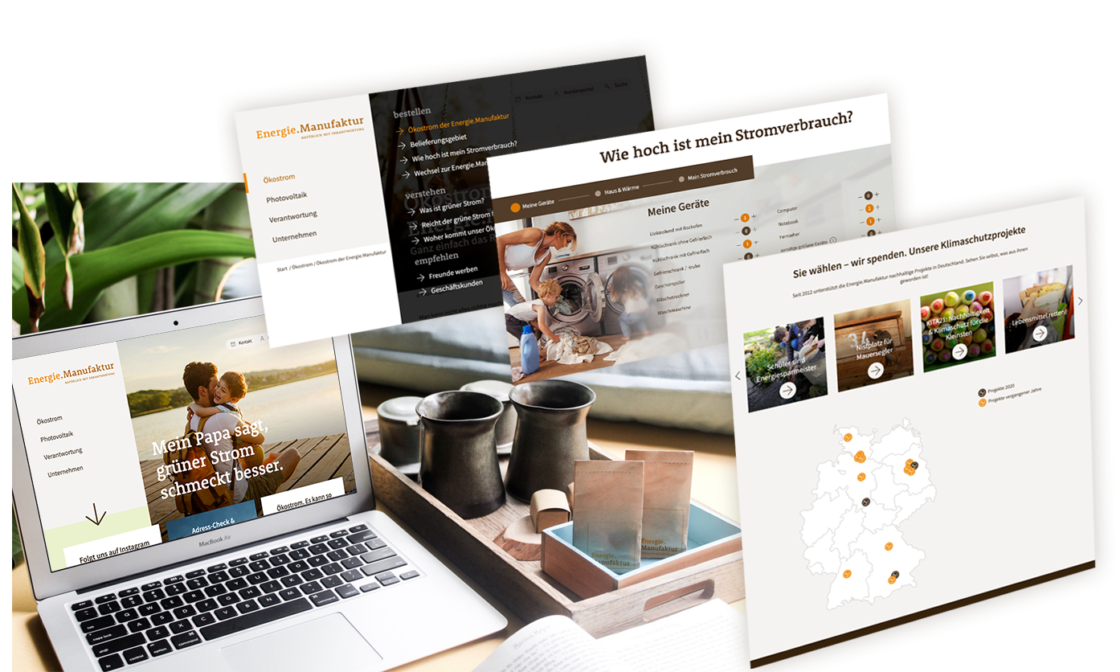 Collage: Screenshots der Website schweben über einem Laptop