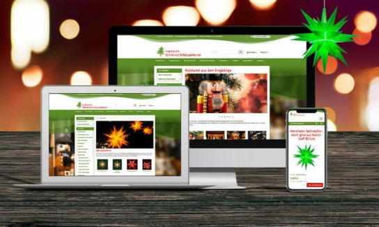 Grafik: drei Bildschirme mit Erzgebirgische Volkskunst Website