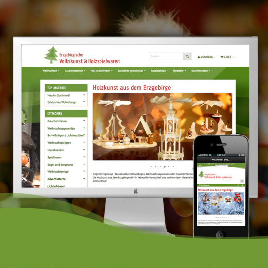 Grafik: Zwei Bildschirme mit Erzgebirgische Volkskunst Website