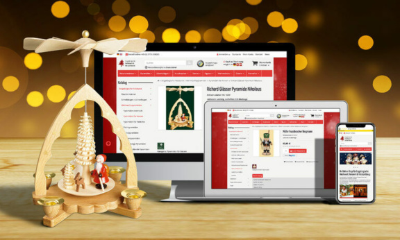 Grafik: Drei Bildschirme mit Erzgebirgische Volkskunst Website und Holzpyramide