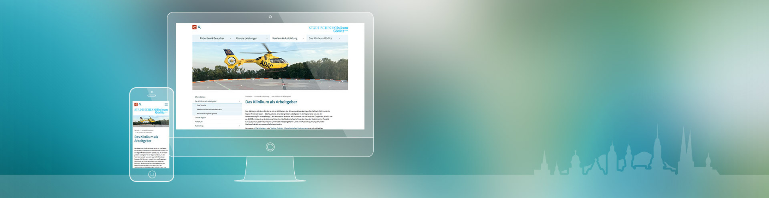 Grafik: Stadt-Silhouette und Monitor und Smartphone mit Website-Ansicht