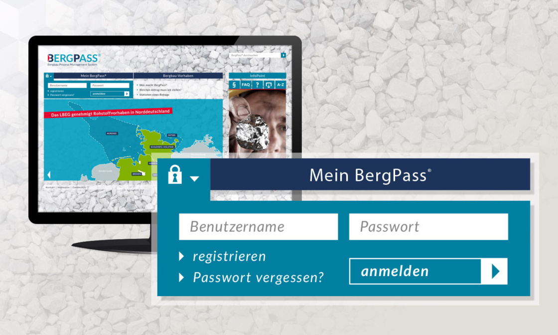 Grafik: Monitor mit Bergpass Website und Login-Maske