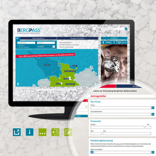 Grafik: Monitor mit Bergpass Website und Eingabeformular Antragsteller