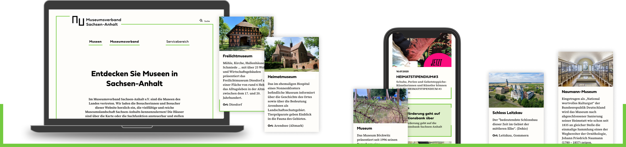 Laptop und Smartphone mit der Startseite und Karte des Museeumsverbandes Sachsen-Anhalts
