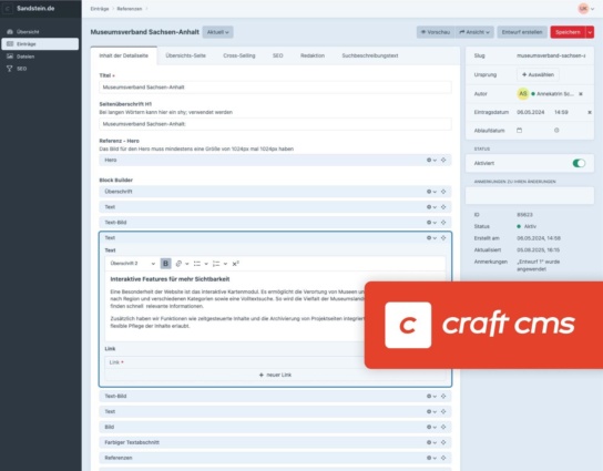 Screenshot des content management systems "craft"