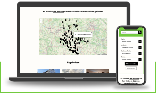 Laptop und Smartphone mit der Suchseite des Museeumsverbandes Sachsen-Anhalts