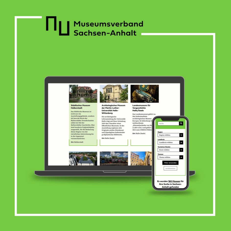 Titelbild: Laptop und Smartphone mit der Website des Museeumsverbandes Sachsen-Anhalts