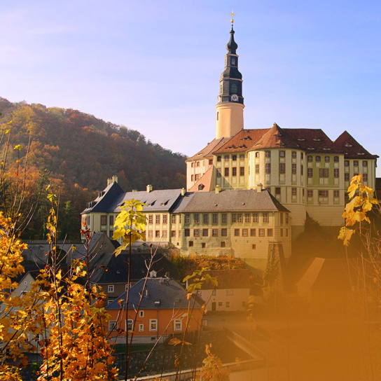 Collage: Schloss Weesenstein und Logo Schösserland Sachsen