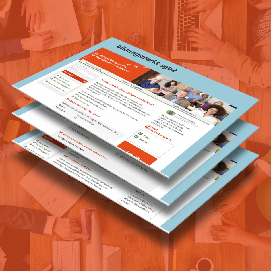 Mockup: Website Bildungsmarkt SGB2 auf drei Tablets