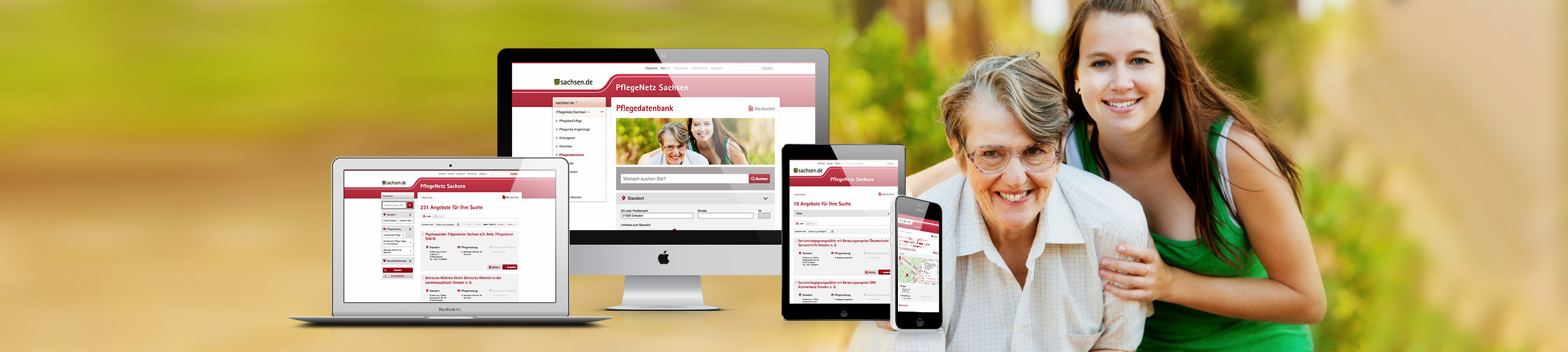Grafik: Verschiedene Endgeräte mit Website PflegeNetz und 2 Frauen