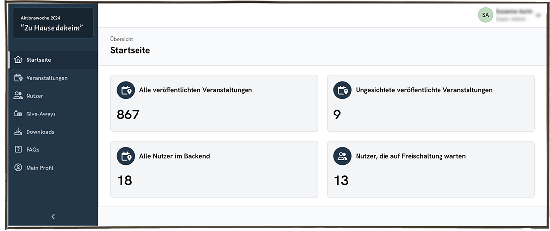 Screenshot: Backend Veranstaltungskalender: Ansicht Dashboard