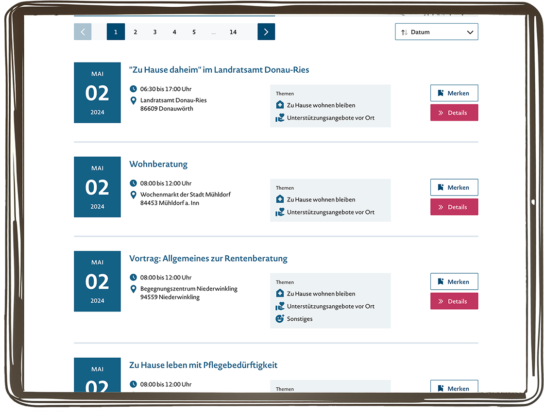 Screenshot: Frontend Veranstaltungskalender - Ergebnisliste Veranstaltungen