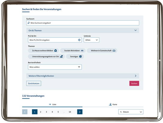 Screenshot: Frontend Veranstaltungskalender - Suchmaske