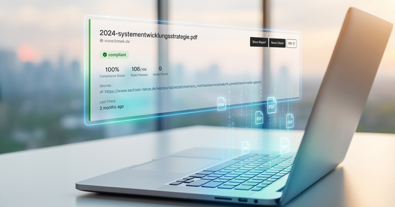 Futuristische Visualisierung des PDF-Monitorings: Ein schwebendes Hologramm über dem Laptop bestätigt die Barrierefreiheit eines Dokuments