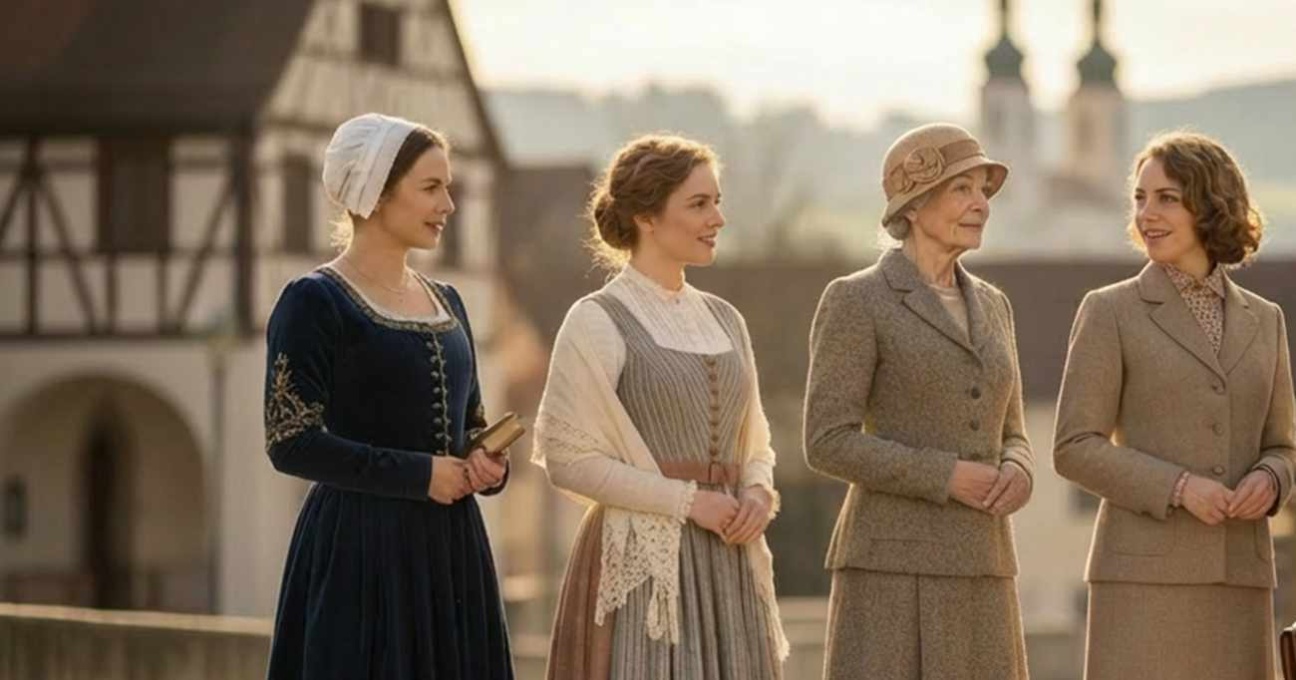 Vier Frauen in historischer Kleidung aus unterschiedlichen Epochen stehen im Freien vor traditionellen Gebäuden und blicken einander lächelnd an.