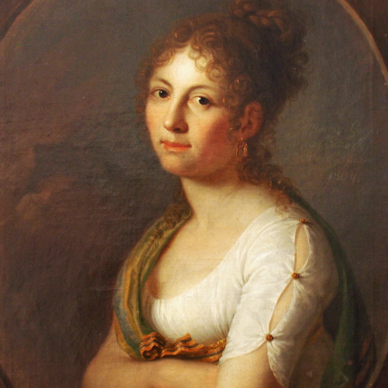 Klassisches Gemälde eines Frauenporträts mit lockigem Haar, weißem Kleid und ruhigem, nachdenklichem Blick.