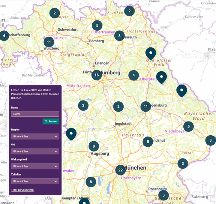 Grafik: Interaktive Bayernkarte mit mehreren Pins und einem seitlichen Suchfilter für Name, Region, Ort, Wirkungsfeld und Zeitalter.
