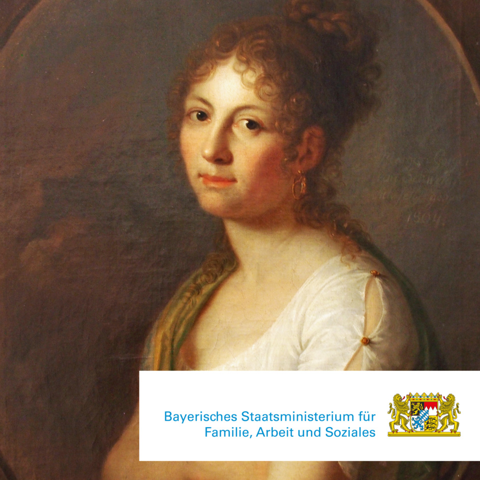 Klassisches Gemälde eines Frauenporträts mit lockigem Haar, weißem Kleid und ruhigem, nachdenklichem Blick.